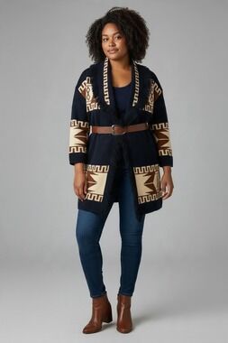 CocoGio Italy Aztec Tribal Fringe Open Front Cardigan Sweater Wool Blend L